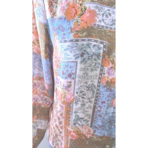 Vintage Patchwork Floral Paisley Button Up Shirt Long Sleeve Collared Blouse Top - Picture 4 of 9